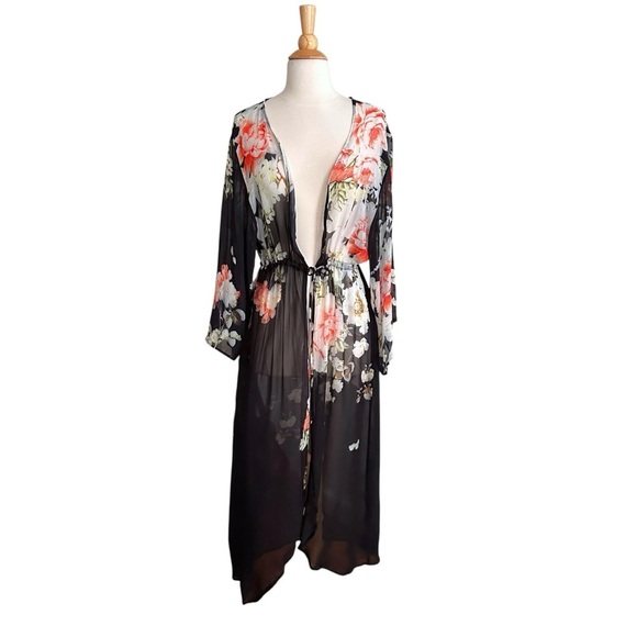 FLOREAT Anthropologie Rosie Sheer Black Long Kimono Topper Layer Cover Up Sz OS - Picture 5 of 14
